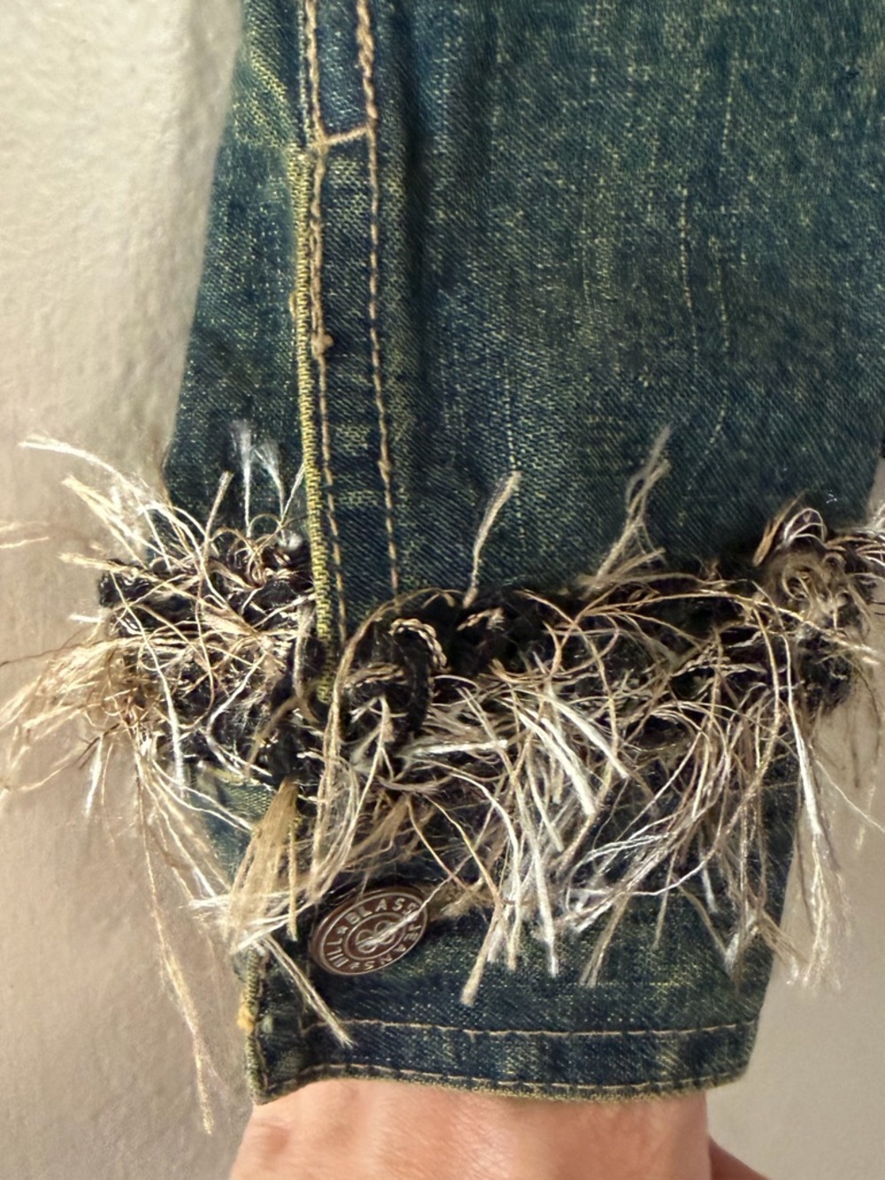 Vintage 90s Bill Blass Denim Jacket Dog Pins Fringe Trim Boho Chic Westercore - Picture 9 of 14